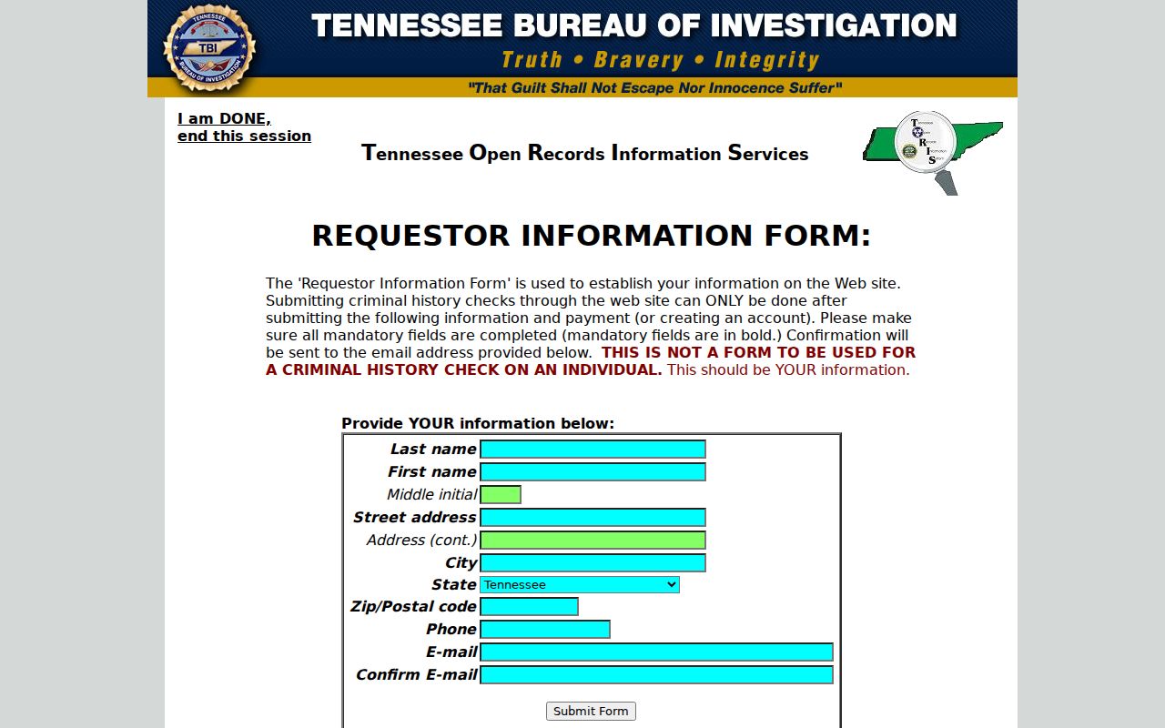 Dyer County criminal record TORIS requester registration fields
