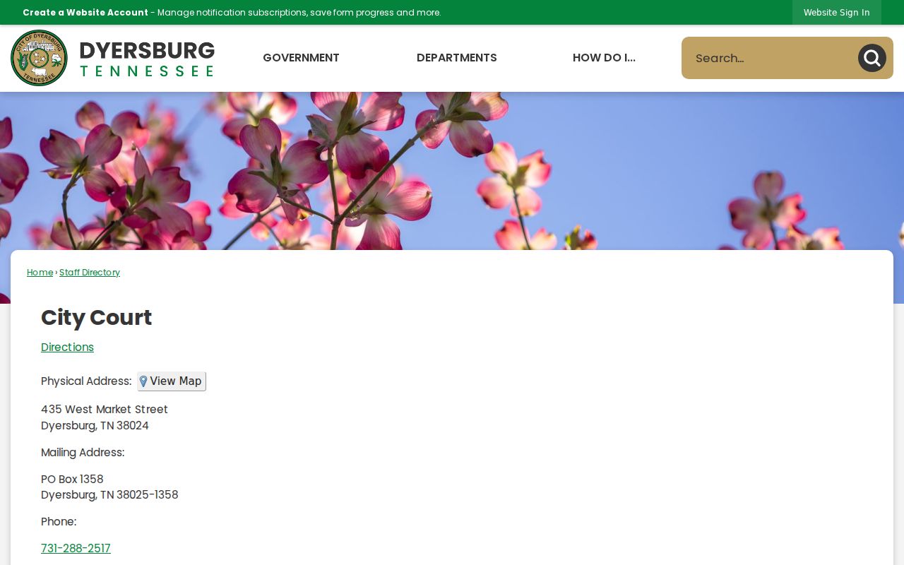 Dyersburg City Court official directory and clerk contact